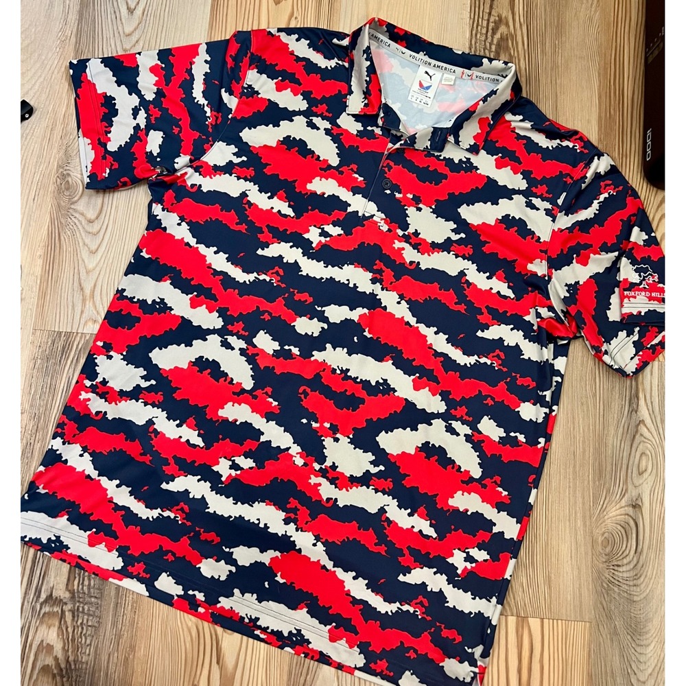 Puma Volition America Mens Golf Polo Shirt Red White Blue Camo Large USA Patriot